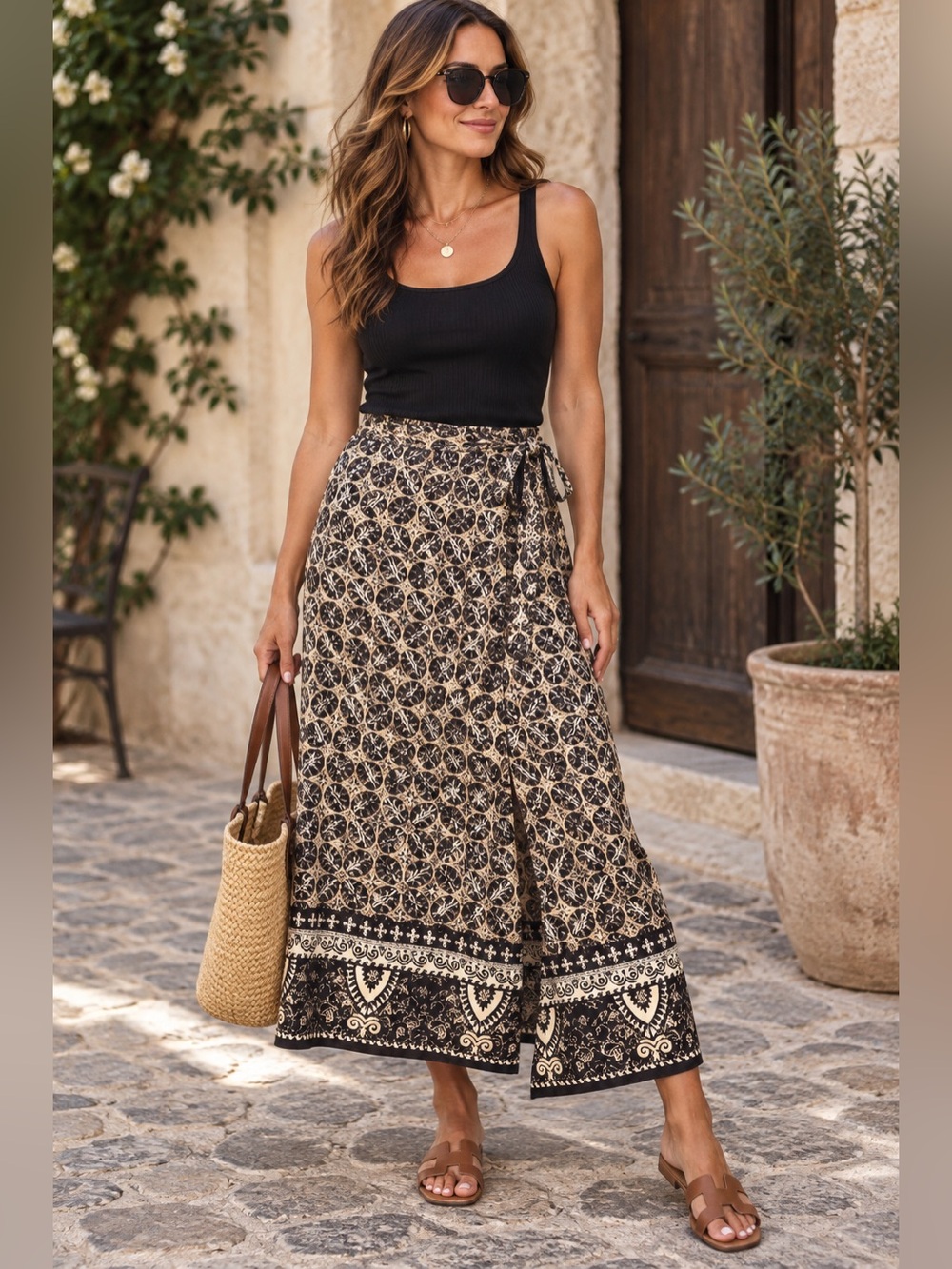 GORGEOUS Liz Claiborne Black/Cream Maxi Wrap Skirt -Large - Silk, Classy, Luxury